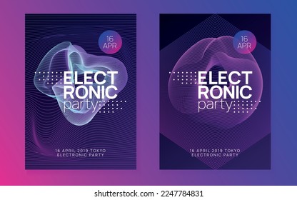 Neon flyer. Dynamic fluid shape and line. Creative show magazine set. Neon flyer trance event. Techno dj party. Electro dance music. Electronic sound. Club fest poster. 
