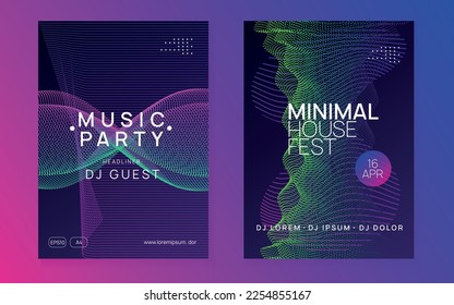 Neon flyer. Dynamic fluid shape and line. Digital concert invitation set. Neon flyer trance event. Techno dj party. Electro dance music. Electronic sound. Club fest poster. 