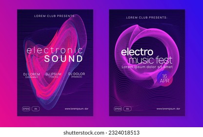 Neon flyer. Dynamic fluid shape and line. Geometric discotheque banner set. Neon flyer trance event. Techno dj party. Electro dance music. Electronic sound. Club fest poster. 