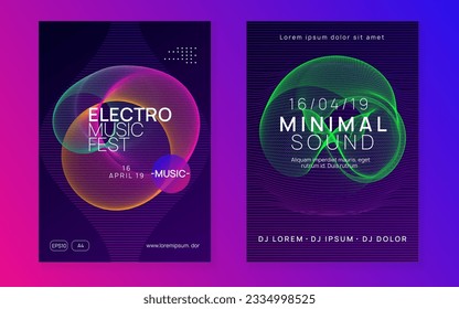 Volante de Neon. Forma dinámica de fluido y línea. Juego de folletos de conciertos geométricos. Evento de trance de volante Neon. Partido Techno dj. Música de baile de moda. Sonido electrónico. Afiche del festival de club. 