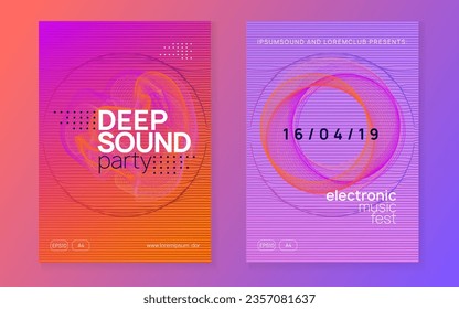 Neon flyer. Dynamic fluid shape and line. Trendy concert cover set. Neon flyer trance event. Techno dj party. Electro dance music. Electronic sound. Club fest poster. 