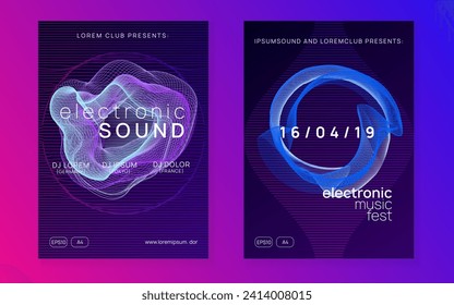Neon flyer. Dynamic fluid shape and line. Digital concert cover set. Neon flyer trance event. Techno dj party. Electro dance music. Electronic sound. Club fest poster. 