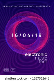 Neon flyer. Dynamic gradient shape and line. Curvy discotheque banner template. Neon flyer trance event. Techno dj party. Electro dance music. Electronic sound. Club fest poster. 