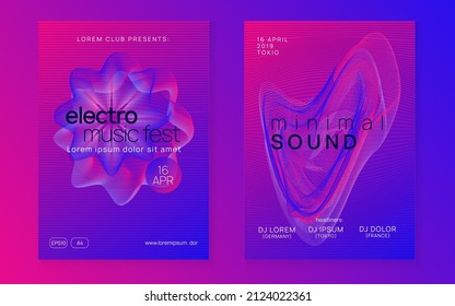 Neon flyer. Dynamic gradient shape and line. Trendy concert invitation set. Neon flyer trance event. Techno dj party. Electro dance music. Electronic sound. Club fest poster. 