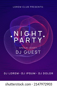 Neon flyer. Dynamic gradient shape and line. Futuristic discotheque banner concept. Neon flyer trance event. Techno dj party. Electro dance music. Electronic sound. Club fest poster. 