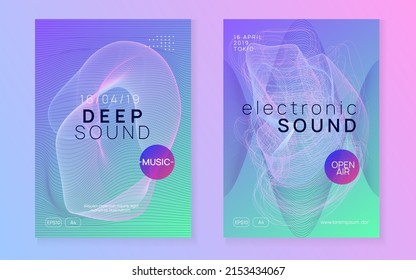 Neon flyer. Dynamic gradient shape and line. Modern discotheque cover set. Neon flyer trance event. Techno dj party. Electro dance music. Electronic sound. Club fest poster. 