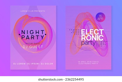 Neon flyer. Dynamic gradient shape and line. Cool discotheque brochure set. Neon flyer trance event. Techno dj party. Electro dance music. Electronic sound. Club fest poster. 