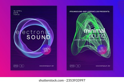 Neon flyer. Energy concert cover set. Dynamic fluid shape and line. Neon flyer trance event. Techno dj party. Electro dance music. Electronic sound. Club fest poster. 