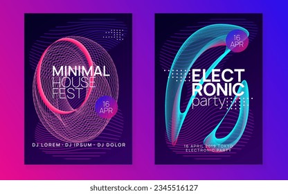 Neon flyer. Futuristic discotheque banner set. Dynamic gradient shape and line. Neon flyer trance event. Techno dj party. Electro dance music. Electronic sound. Club fest poster. 