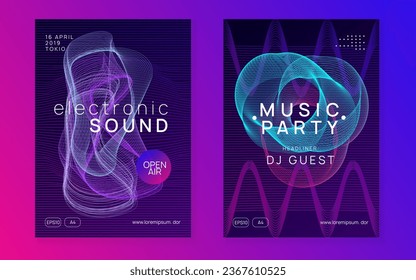 Neon flyer. Futuristic show cover set. Dynamic fluid shape and line. Neon flyer trance event. Techno dj party. Electro dance music. Electronic sound. Club fest poster. 