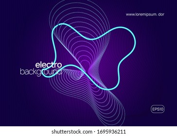 Neon flyer. Geometric discotheque banner concept. Dynamic fluid shape and line. Neon flyer trance event. Techno dj party. Electro dance music. Electronic sound. Club fest poster.