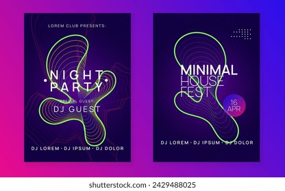 Neon flyer. Geometric discotheque magazine set. Dynamic fluid shape and line. Neon flyer trance event. Techno dj party. Electro dance music. Electronic sound. Club fest poster. 