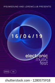 Neon flyer. Geometric show cover template. Dynamic gradient shape and line. Neon flyer trance event. Techno dj party. Electro dance music. Electronic sound. Club fest poster. 