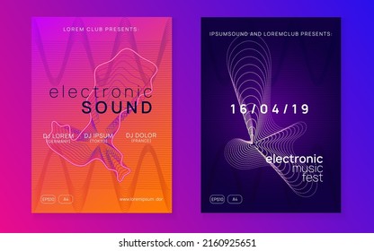 Neon flyer. Minimal concert cover set. Dynamic fluid shape and line. Neon flyer trance event. Techno dj party. Electro dance music. Electronic sound. Club fest poster. 