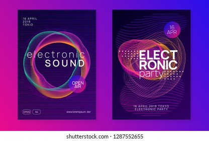 Neon flyer. Minimal discotheque magazine set. Dynamic gradient shape and line. Neon flyer trance event. Techno dj party. Electro dance music. Electronic sound. Club fest poster. 