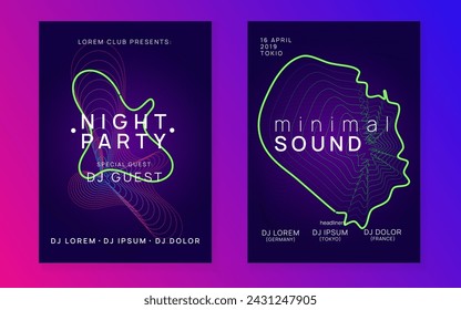 Neon flyer. Minimal show magazine set. Dynamic fluid shape and line. Neon flyer trance event. Techno dj party. Electro dance music. Electronic sound. Club fest poster. 