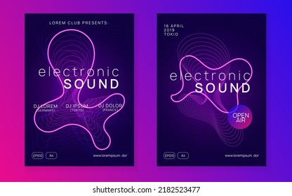 Neon flyer. Modern concert banner set. Dynamic gradient shape and line. Neon flyer trance event. Techno dj party. Electro dance music. Electronic sound. Club fest poster. 