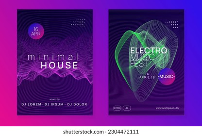 Neon flyer. Modern concert cover set. Dynamic fluid shape and line. Neon flyer trance event. Techno dj party. Electro dance music. Electronic sound. Club fest poster. 