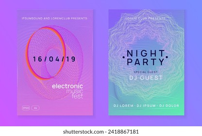 Neon flyer. Wavy concert banner set. Dynamic fluid shape and line. Neon flyer trance event. Techno dj party. Electro dance music. Electronic sound. Club fest poster. 