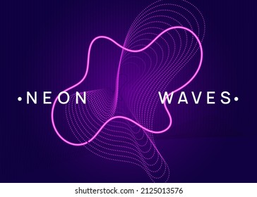 Neon flyer. Wavy discotheque invitation layout. Dynamic fluid shape and line. Neon flyer trance event. Techno dj party. Electro dance music. Electronic sound. Club fest poster. 