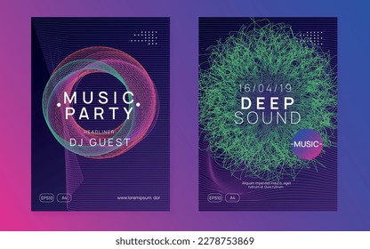 Neon flyer. Wavy show cover set. Dynamic fluid shape and line. Neon flyer trance event. Techno dj party. Electro dance music. Electronic sound. Club fest poster. 