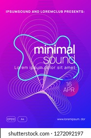 Neon flyer. Wavy show magazine design. Dynamic gradient shape and line. Neon flyer trance event. Techno dj party. Electro dance music. Electronic sound. Club fest poster. 