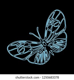 Neon flying butterfly. Vector illustration. Creative realistic drawing, tattoo. Vintage paintings, postcard, background, wallpaper. Interior decoration. Gift favorite to girl