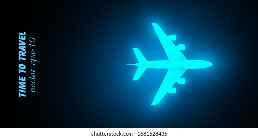 Neon flying plane . Banner for travel and summer holidays .Flying airplane top view.	