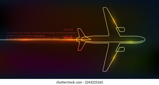 Neon flying plane.Airplane.Air flights.Continuous line drawing.Vector illustration.