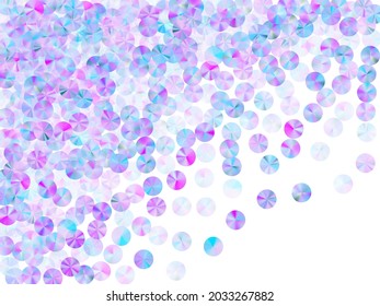 Neon foil confetti placer vector illustration. Circle glossy tinsel particles party glitter top view. Holiday confetti scatter glowing texture.