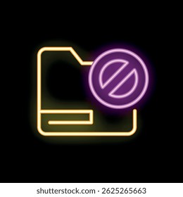 Neon folder icon with stop sign representing data protection and access denied on black background