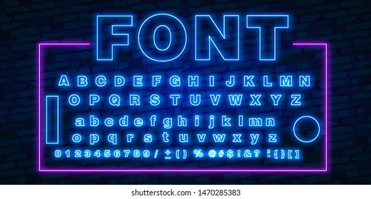 Neon Font, 80s Text Letter Glow Light Set. Ultra Violet Character Abc. UV Luminous Effect High Detailed Alphabet For Advertising. Retro Techno Acid Style. Vector Illustration