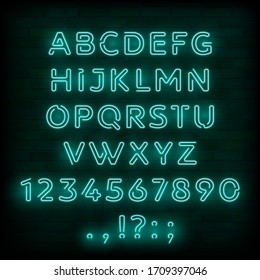 Neon font of alphabet letters and numbers. Blue neon type vector design of uppercase letters, digits and punctuation marks made of bright glowing tubes with gas on dark background of brick wall