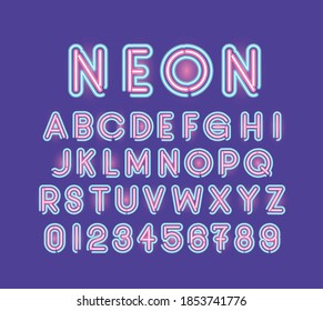 neon font alphabet and numbers of pink and blue color on purple background vector illustration design