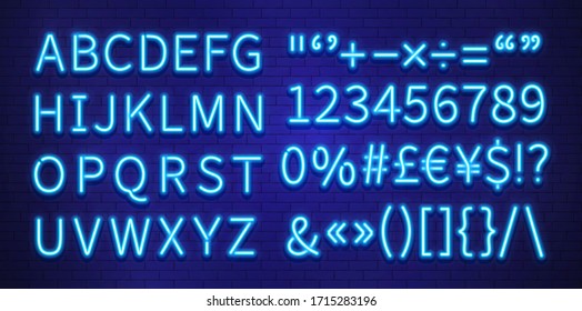 Neon font. blue letters numbers marks on brick wall. colorful glow typography, futuristic abc. decorative typeface alphabet vector illustration