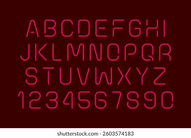 Neon font. Bright letters on dark wall. Letters and numbers. flat style