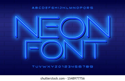 Neon font city. Neon blue font english. City blue font. Alphabet font. Vector illustration