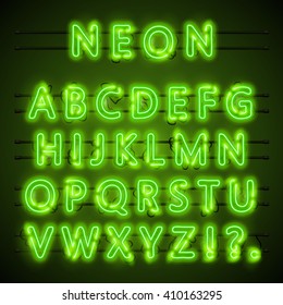 Neon font city. Neon green font eps. Lamp green font. Alphabet font. Vector illustration