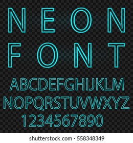 Neon font city text, Night Alphabet, Vector illustration on transparent background.