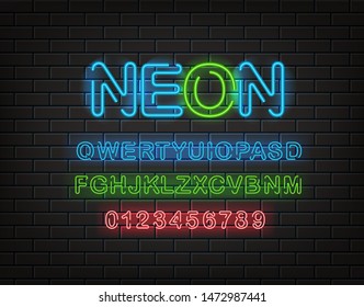 Neon font clipart. Latin alphabet and digits on a brick wall