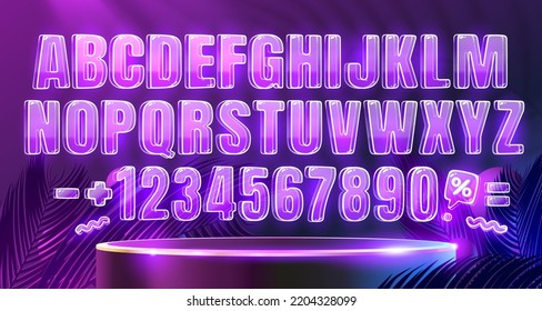 Neon font color purple, glowing letter retro font, futuristic alphabet. Vector illustration