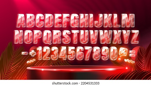 Neon font color red, glowing letter retro font, futuristic alphabet. Vector illustration