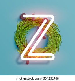 Neon font from a fontset with Christmas decoration pine, vector illustration