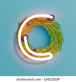 Neon font from a fontset with Christmas decoration pine, vector illustration