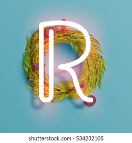 Neon font from a fontset with Christmas decoration pine, vector illustration