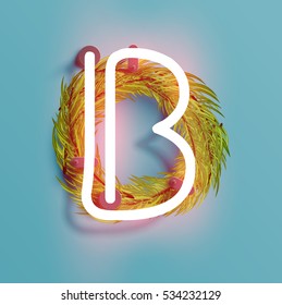 Neon font from a fontset with Christmas decoration pine, vector illustration