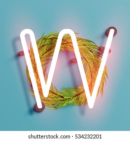 Neon font from a fontset with Christmas decoration pine, vector illustration