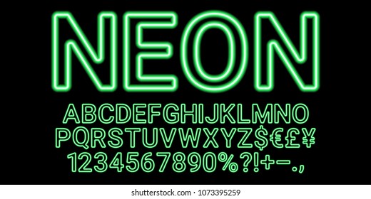 Neon font in green color. Vector collection of latin neon letters, neon alphabet consisting of outlines on the dark background