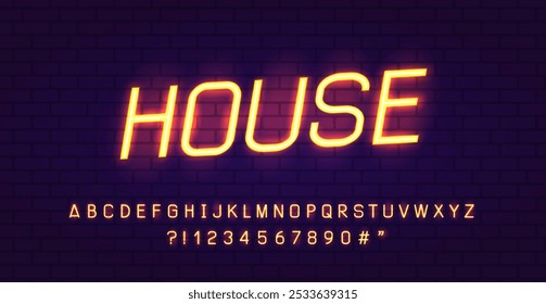 Neon font of house music in 90s - 2000s style. Retro futuristic neon light font type. Modern glowing font type alpрabet for karaoke bar, disco club, night pary. Neon signboard on brick wall background