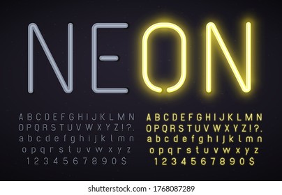 Neon font with light on and off. Glowing alphabet, numbers and punctuation marks with luminous effect. Yellow on and off lamps. Latin letters isolated on black background vector illustration